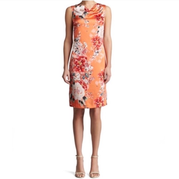 St. John Silk Chrysanthemum Charmeuse Orange Floral Cowl Drape Shift Mini Dress - Picture 2 of 10